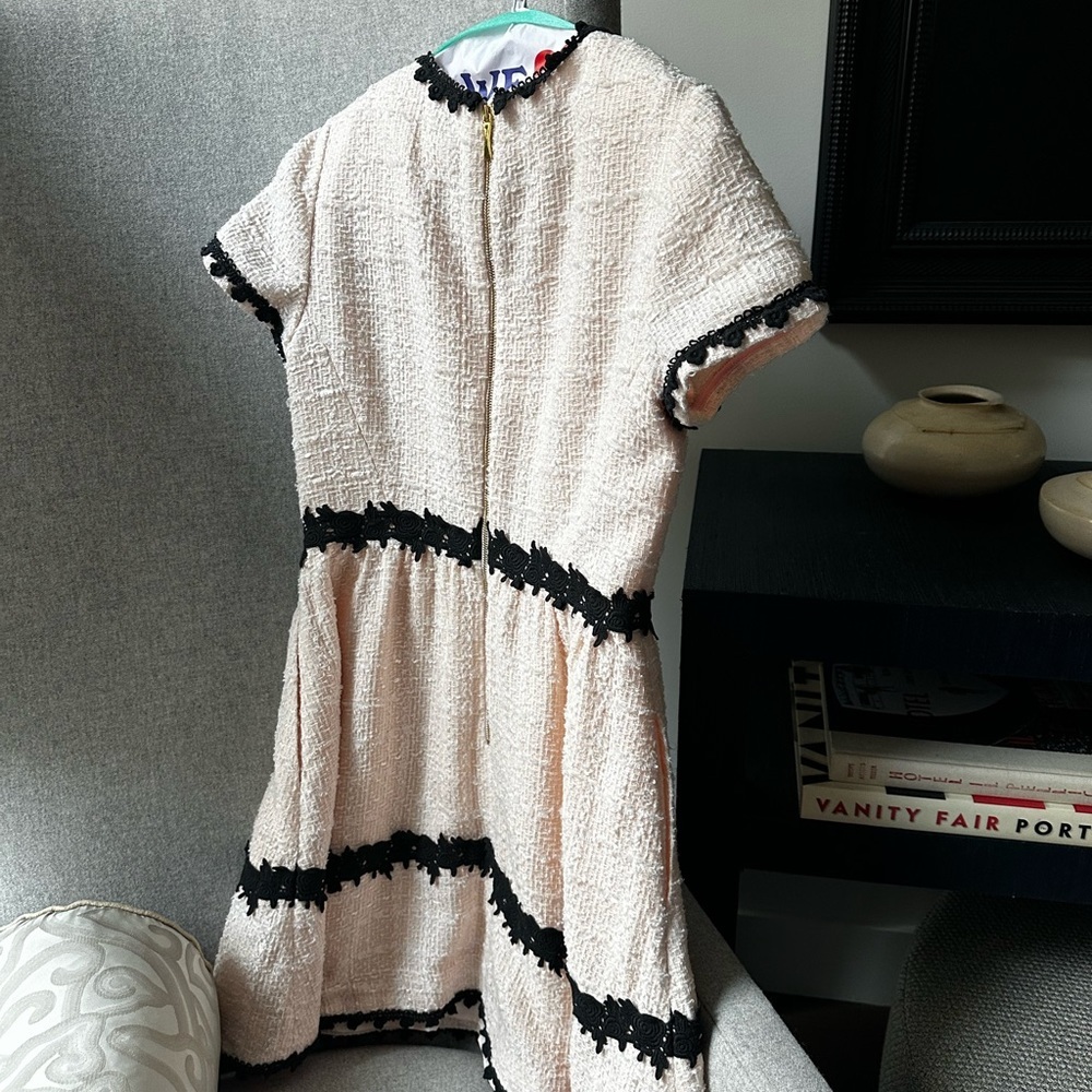 KATE SPADE Madison Avenue Jayne tweed Rose Dew dress with black trim